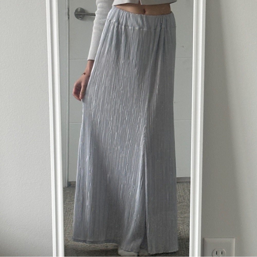 silver maxi skirt with micro pleats